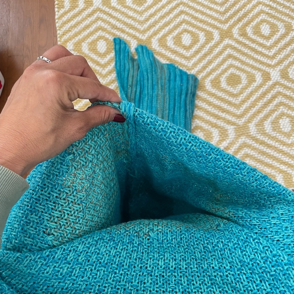 Aqua colored mermaid knitted tail/- Serves as blankie- good for snuggling